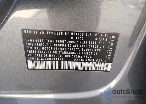 2013 Volkswagen Jetta 2.0L S from USA, damaged, VIN 3VW1K7AJ3DM211451